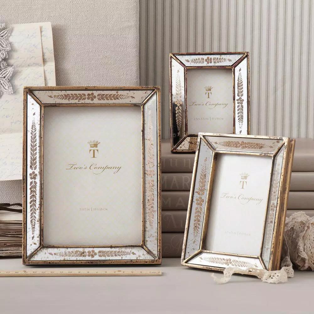 Two's Company Verona Gold Leaf Mirror Picture Frame Set of 3, Antique Gold Finish, Assorted Sizes