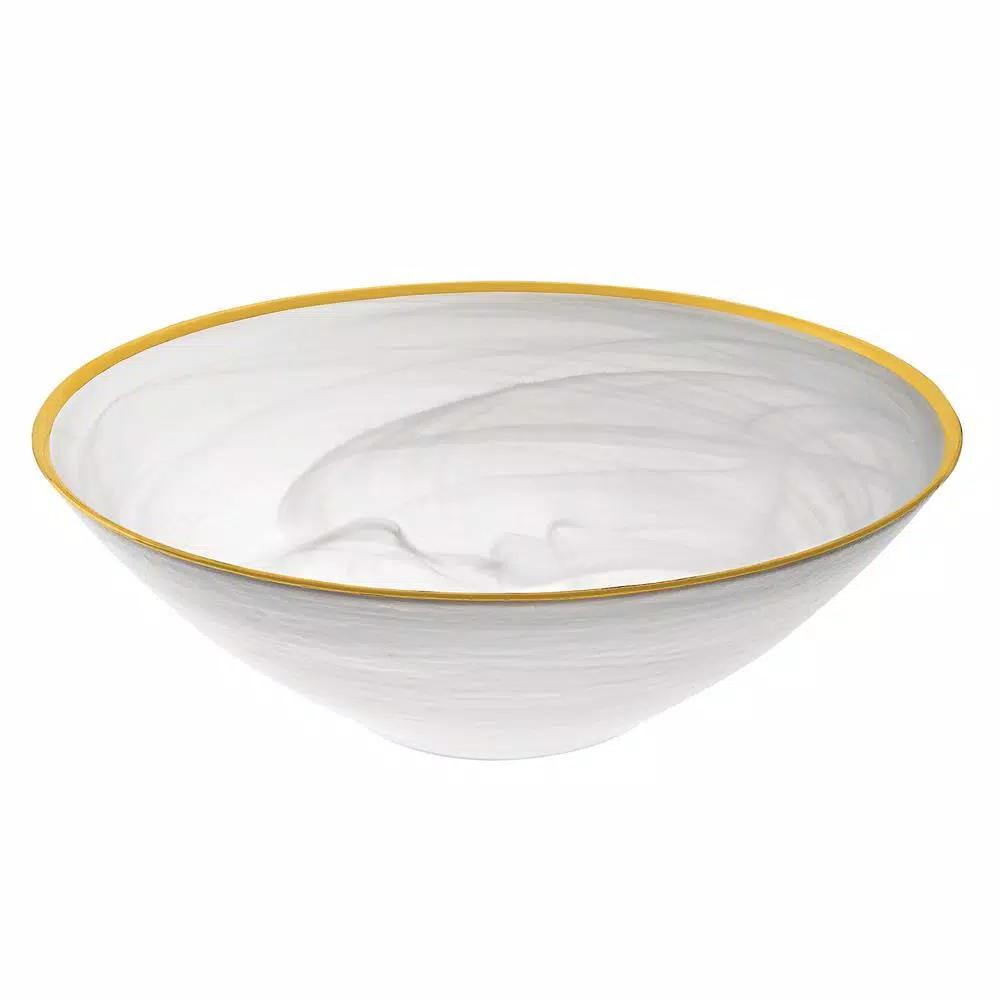 Badash Crystal 10 in. White Alabaster Glass Serving Bowl with Gold Rim, 32 oz.