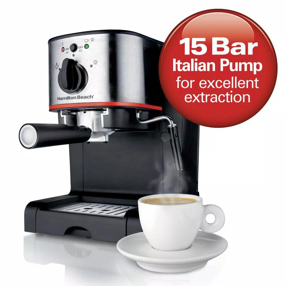 Hamilton Beach 2-Cup Espresso and Cappuccino Maker with Milk Frother, 15 Bar Pump, Black/Stainless Steel