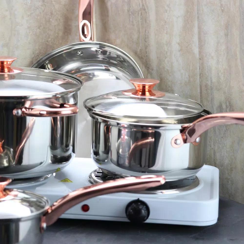 Sunbeam Ansonville 8-Piece Stainless Steel Cookware Set with Rose Gold Accents