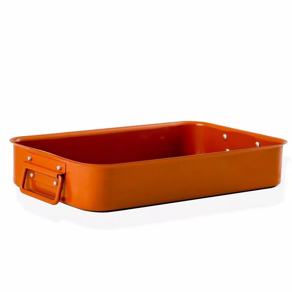 Ovente 5.5 Qt. Non-Stick Roasting Pan with Carving Set and V-Shaped Rack, Copper