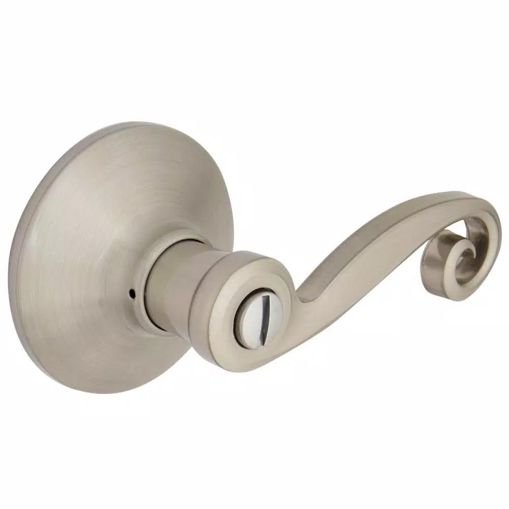 Defiant Scroll Satin Nickel Privacy Lever Set for Bedroom and Bathroom Doors