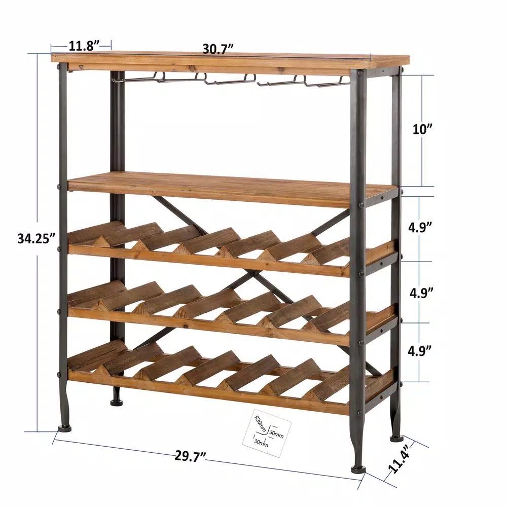 Glitzhome 34.25 in. Vintage Wood and Iron Wine Bottle and Glass Rack