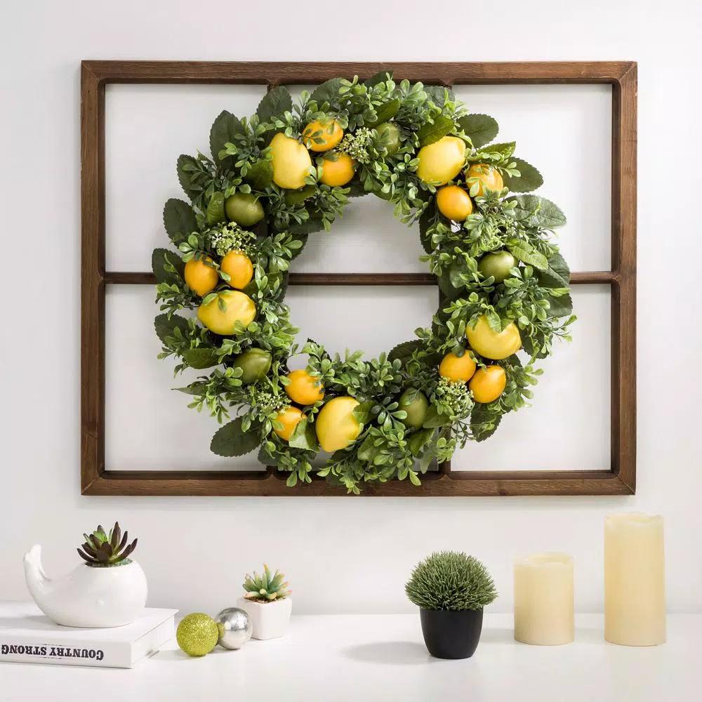 Glitzhome 28 in. Wooden Window Frame with 22 in. Greenery Lemon Wreath Decor
