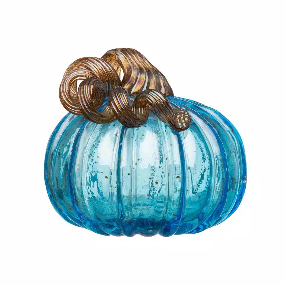 Glitzhome Set of 3 Blue Hand-Blown Glass Pumpkins - Decorative Tabletop Autumn Ornament