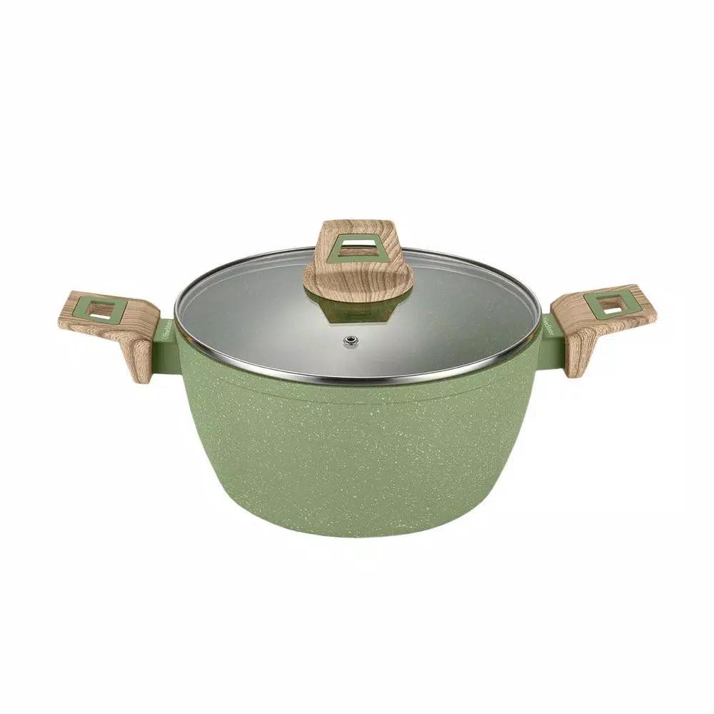 AMERCOOK Olive Stone 3 qt. Round Nonstick Casserole Dish with Glass Lid, Avocado Green