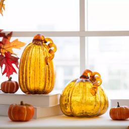 Glitzhome Amber Crackle Glass Pumpkin Set of 2, Handmade Indoor Tabletop Decor thumbnail 8