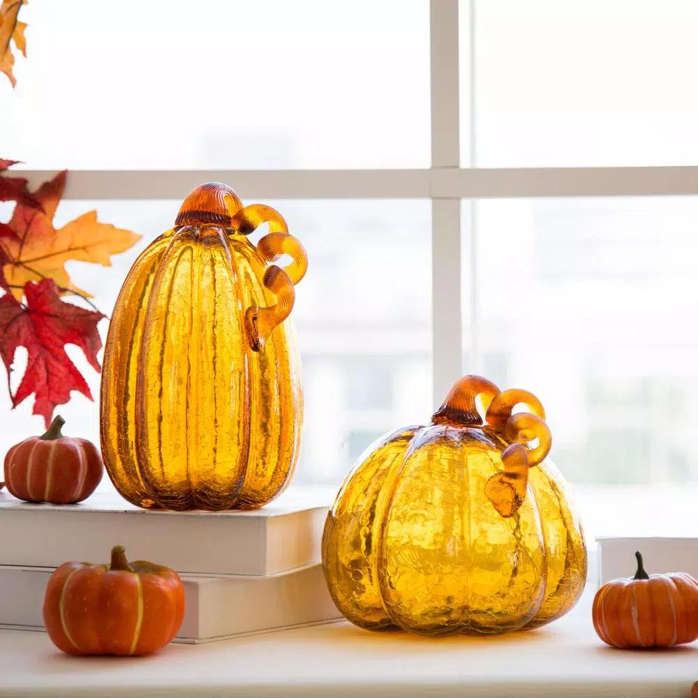 Glitzhome Amber Crackle Glass Pumpkin Set of 2, Handmade Indoor Tabletop Decor
