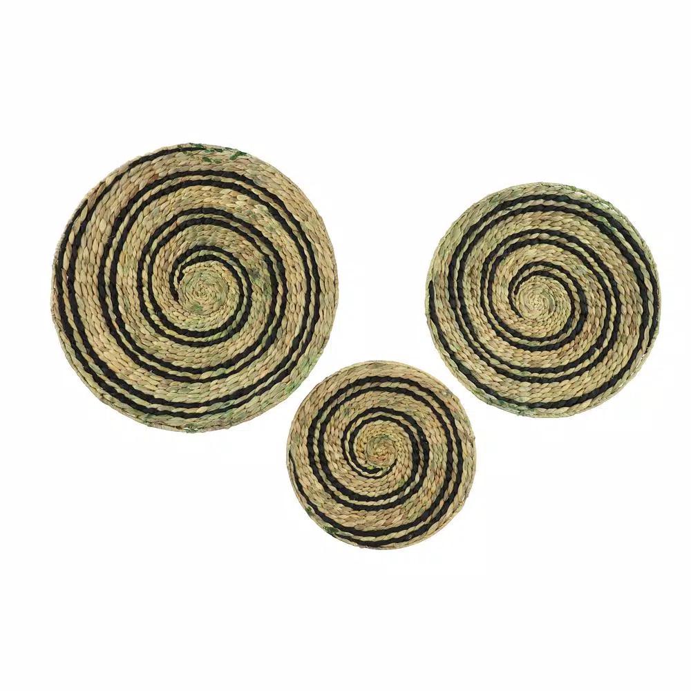 LITTON LANE Natural and Black Spiral Design Wicker Trays, Set of 3