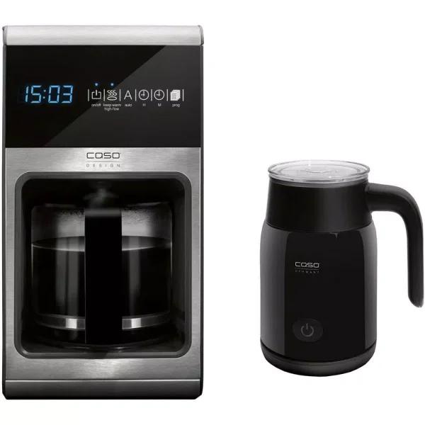 CASO Design Coffee One 10-Cup Filter Coffee Maker with Crema Magic Electric Milk Frother, Silver/Black