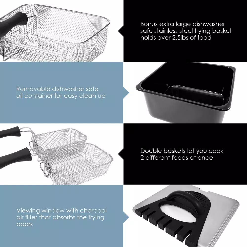 Elite 4 Qt. Dual Basket Deep Fryer with Extra-Large Bonus Basket, Brushed Stainless Steel, 1700W