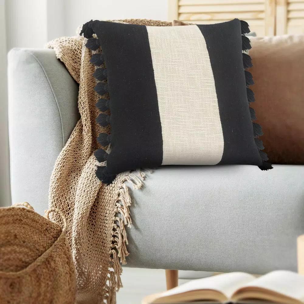 LR Home Trinity Black and Ivory Striped Fringe Throw Pillow, 20 x 20 in.