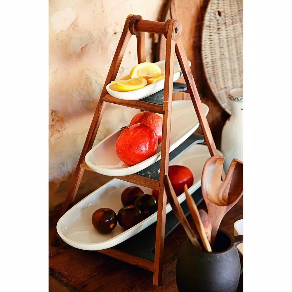 Villeroy & Boch Artesano 4-Piece Tiered Server Set with Porcelain Bowls, Acacia Wood & Slate