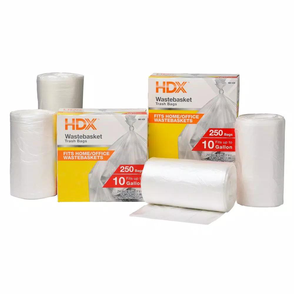 HDX 10 Gallon Clear Waste Liner Trash Bags, 0.31 Mil High-Density Polyethylene, 500-Count