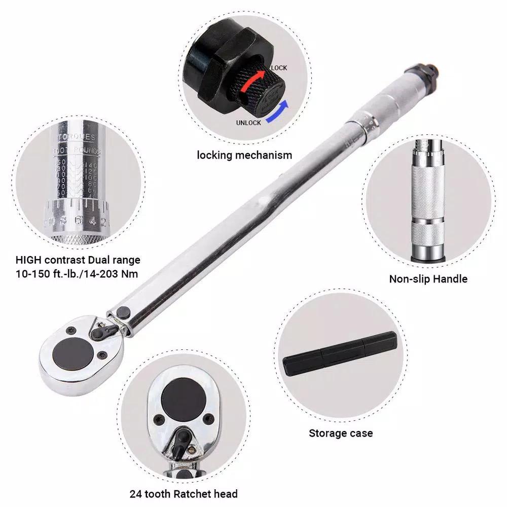 Unbranded COPE 1/2 in. Drive Click Torque Wrench, 10-150 ft.-lb., Flex-Head All-Steel Construction