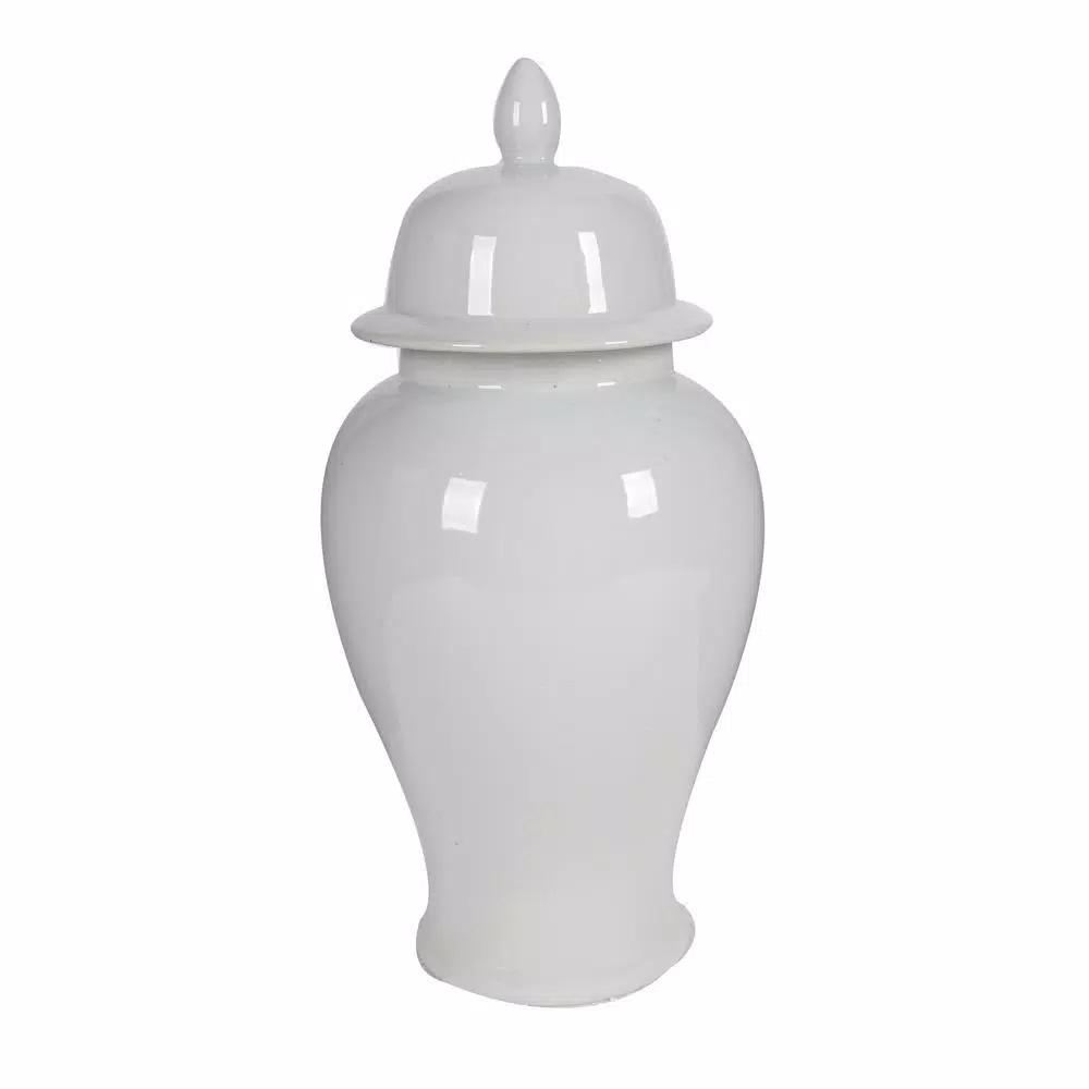 Benjara Large Decorative White Porcelain Ginger Jar with Lid