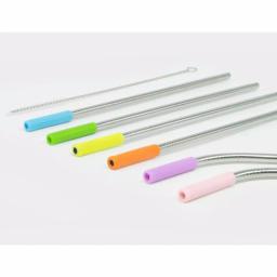 ExcelSteel 14-Piece Stainless Steel Reusable Straw Set with Pastel Silicone Tips - 8 Straight & 4 Curved thumbnail 2