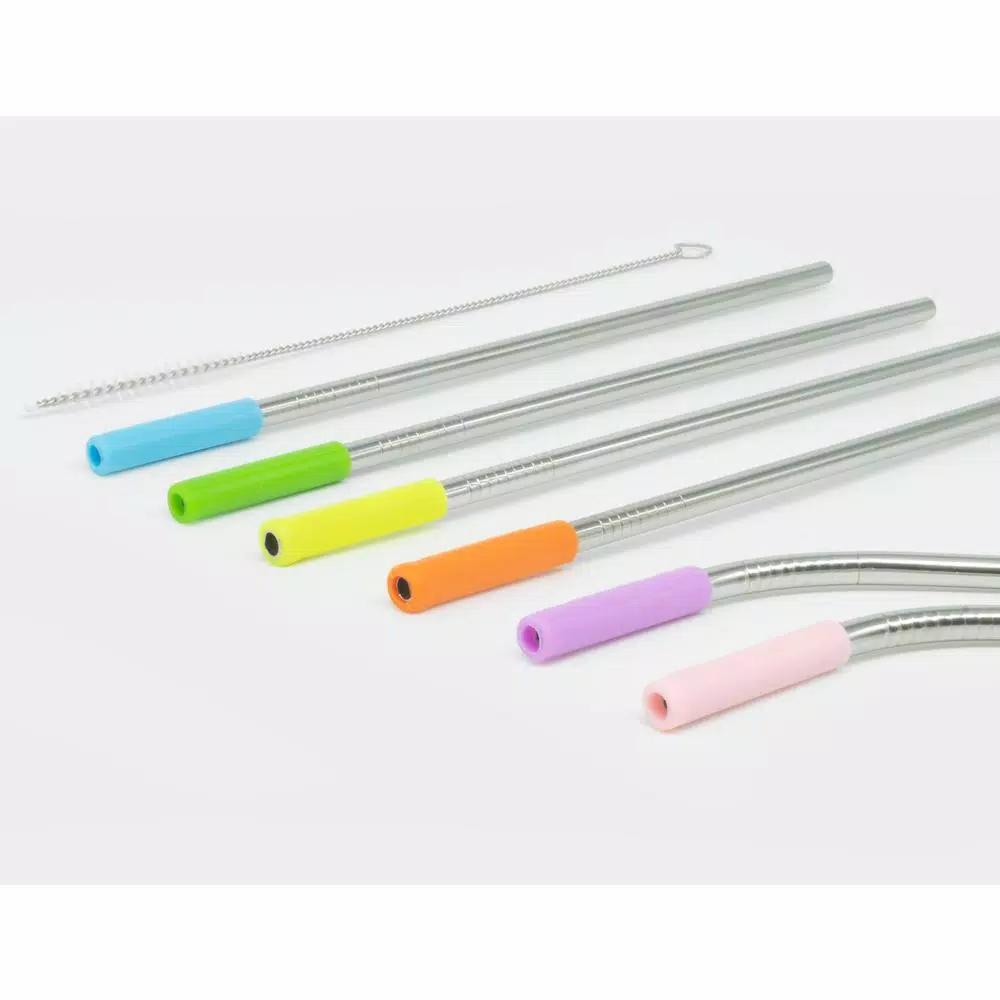 ExcelSteel 14-Piece Stainless Steel Reusable Straw Set with Pastel Silicone Tips - 8 Straight & 4 Curved