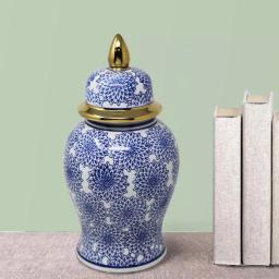 Benjara Blue and White Ceramic Temple Jar with Dahlia Flower Design and Gold Accents thumbnail 6