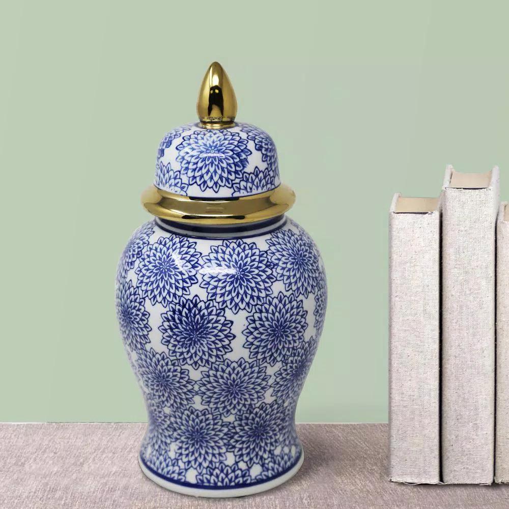 Benjara Blue and White Ceramic Temple Jar with Dahlia Flower Design and Gold Accents