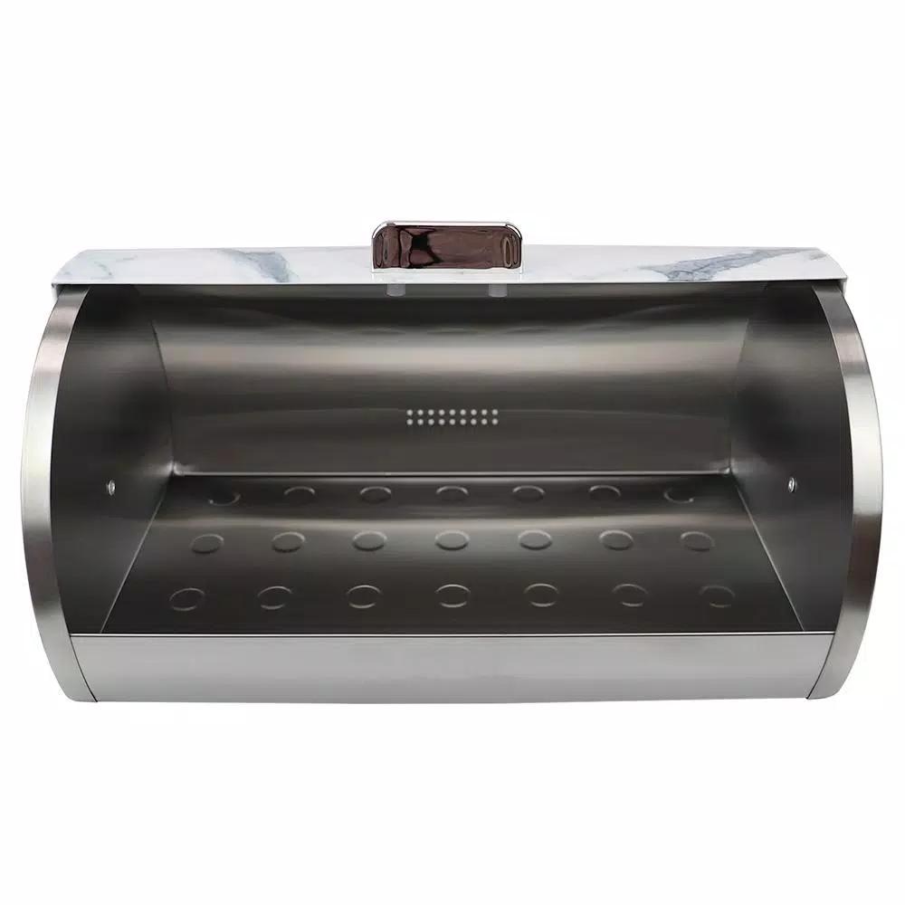 Unbranded White Marble Pattern Steel Bread Box with Roll Top Lid