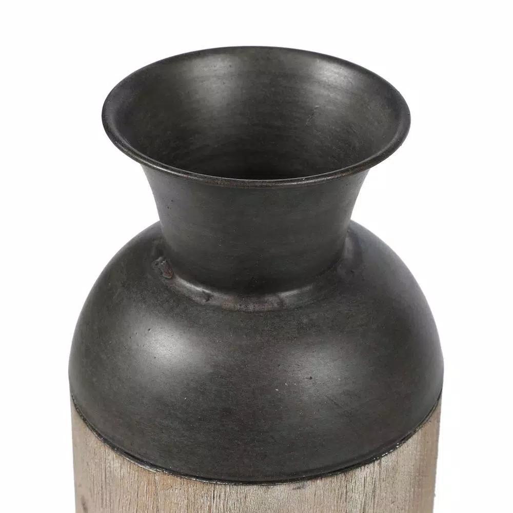 Winsome House 2-Piece Handcrafted Iron and Wood Vase Set, Rustic Dark Brown and Natural Wood Table Vases