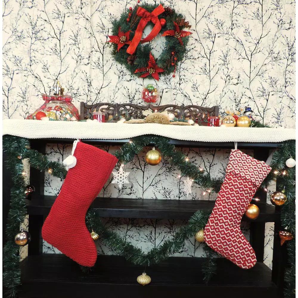 LR Home 20 in. Red and White Chevron Cotton Christmas Stocking with Pom Pom
