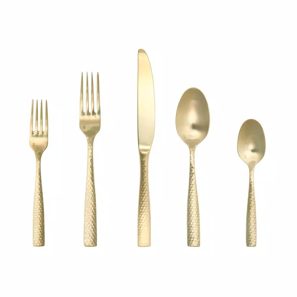 Fortessa Lucca Faceted 5-Piece 18/10 Stainless Steel Brushed Gold Flatware Place Setting