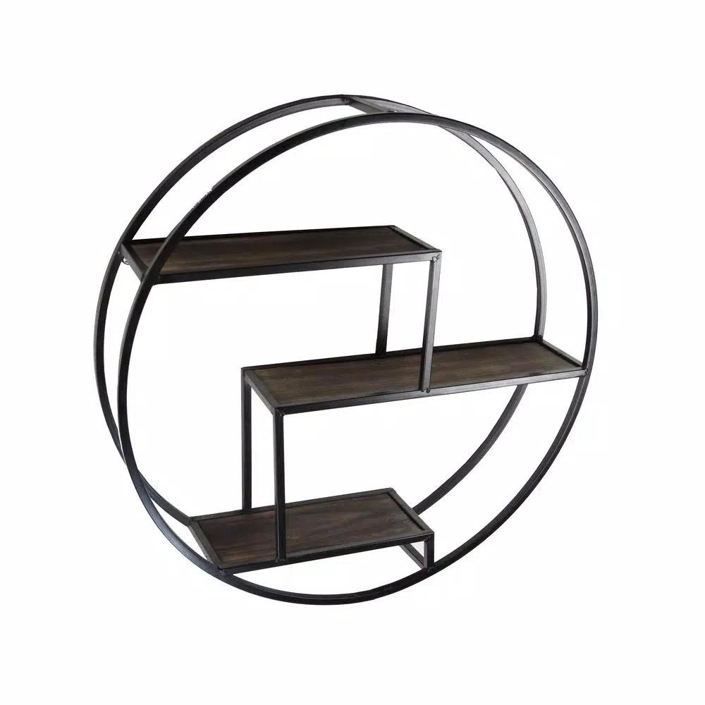 Admired By Nature 23 in. Black Round 3-Tier Iron and Wood Wall-Mounted Floating Shelves