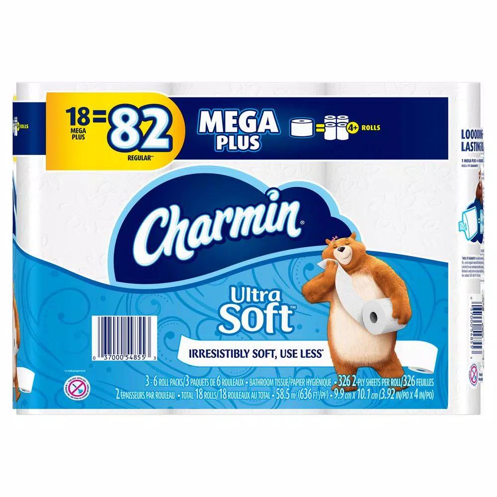 Charmin Ultra Soft Toilet Paper, 18 Mega Plus Rolls, 2-Ply White