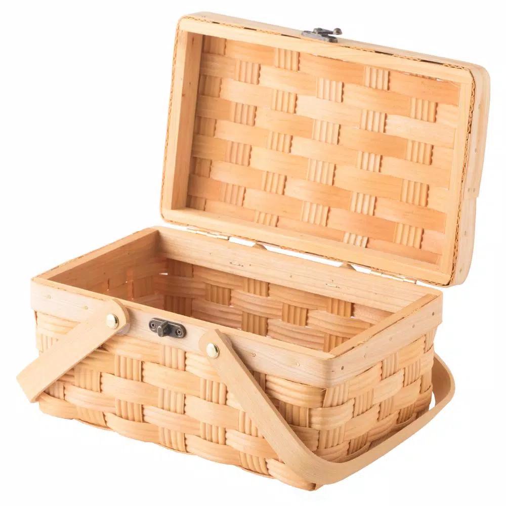 Vintiquewise Small Handwoven Woodchip Picnic Basket with Lid and Folding Handles, Brown