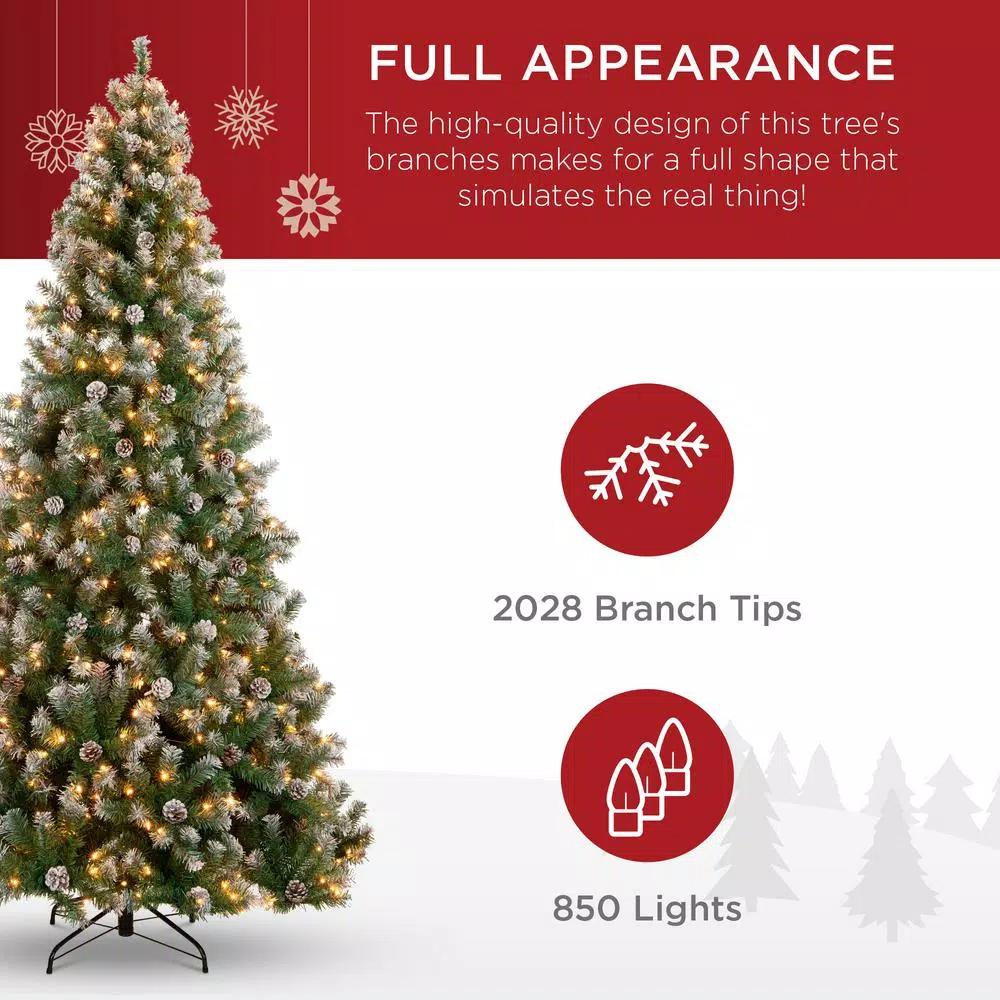 Best Choice Products 9 ft. Pre-Lit Flocked Artificial Christmas Tree with 850 Warm White Lights and Pinecones