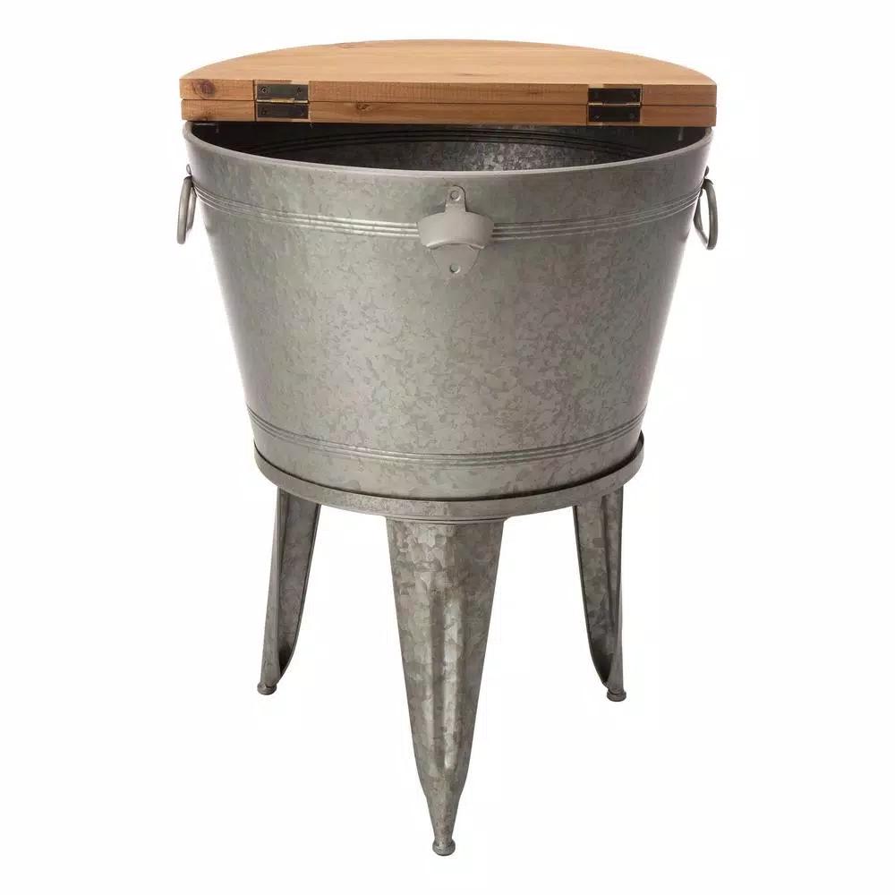 Glitzhome 26.29 in. Gray Galvanized Metal Beverage Tub with Firwood Lid and Metal Stand