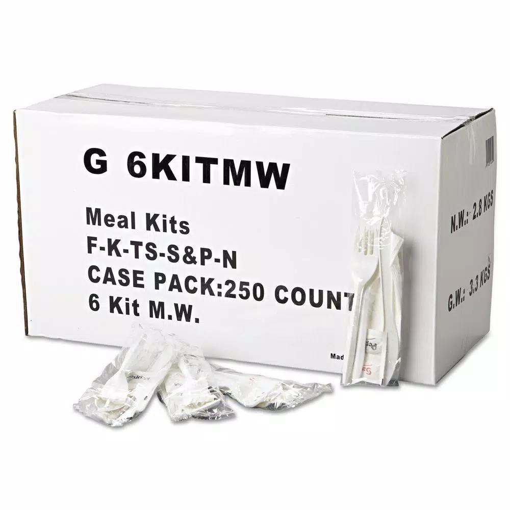 GEN White Plastic Wrapped Cutlery Kit with Napkin, Salt & Pepper - 250 Count