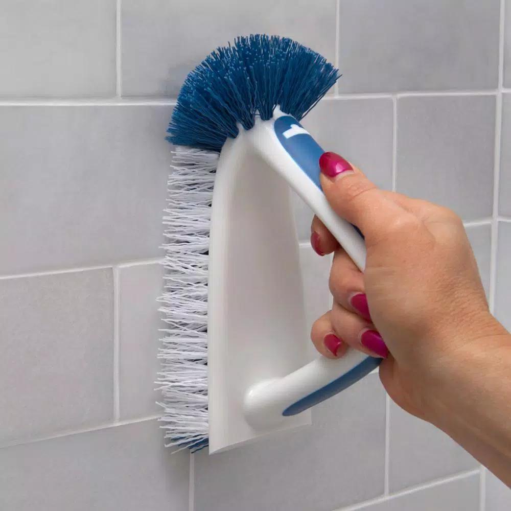 Unger 2-in-1 Bath and Tile Brush with Integrated Scraper for Grout and Soap Scum Cleaning