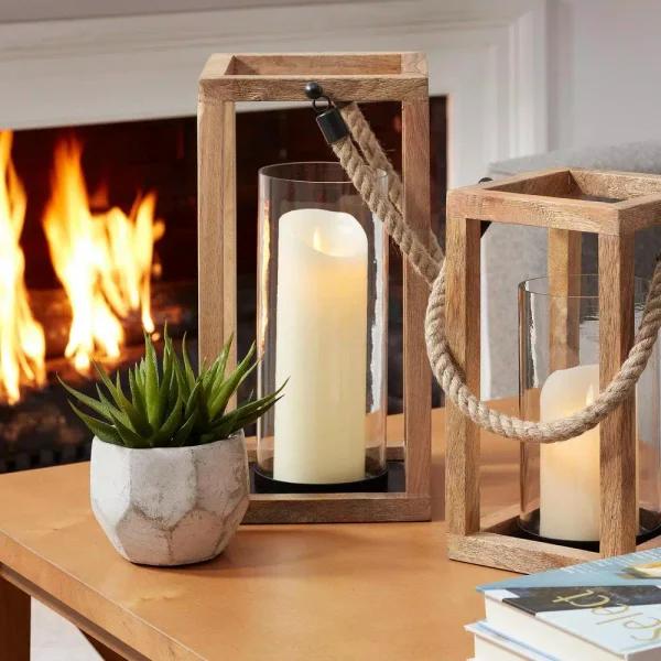 StyleWell Natural Mango Wood Candle Lanterns with Rope Handle, Set of 2