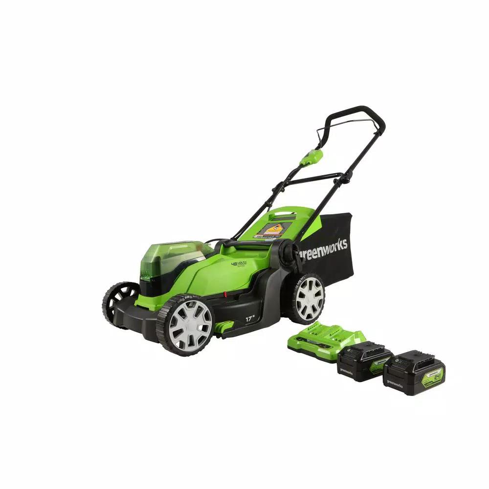 Greenworks 17 in. 48V Cordless Walk Behind Push Lawn Mower with (2) 4 Ah Batteries and Dual Port Charger