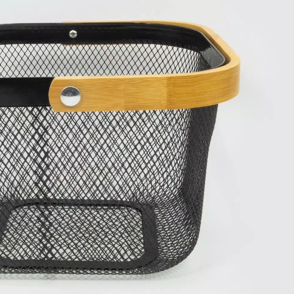 ExcelSteel Black Iron Fruit Basket with Wooden Handle and Abstract Pattern