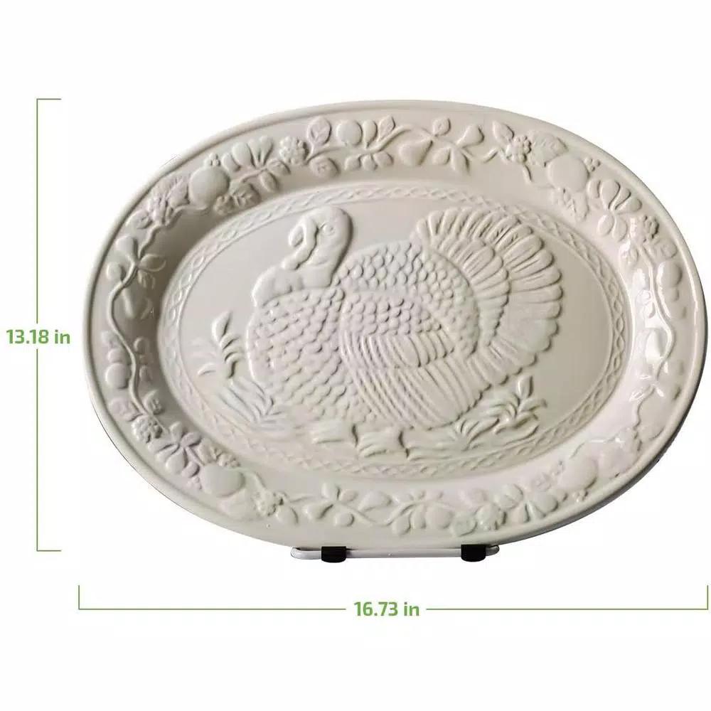 Ovente 13.4 in. White Ceramic Turkey Serving Platter, Oval Holiday Platter