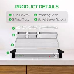 NutriChef 27.6 in. 3-Burner Stainless Steel Electric Buffet Server Food Warming Tray thumbnail 8