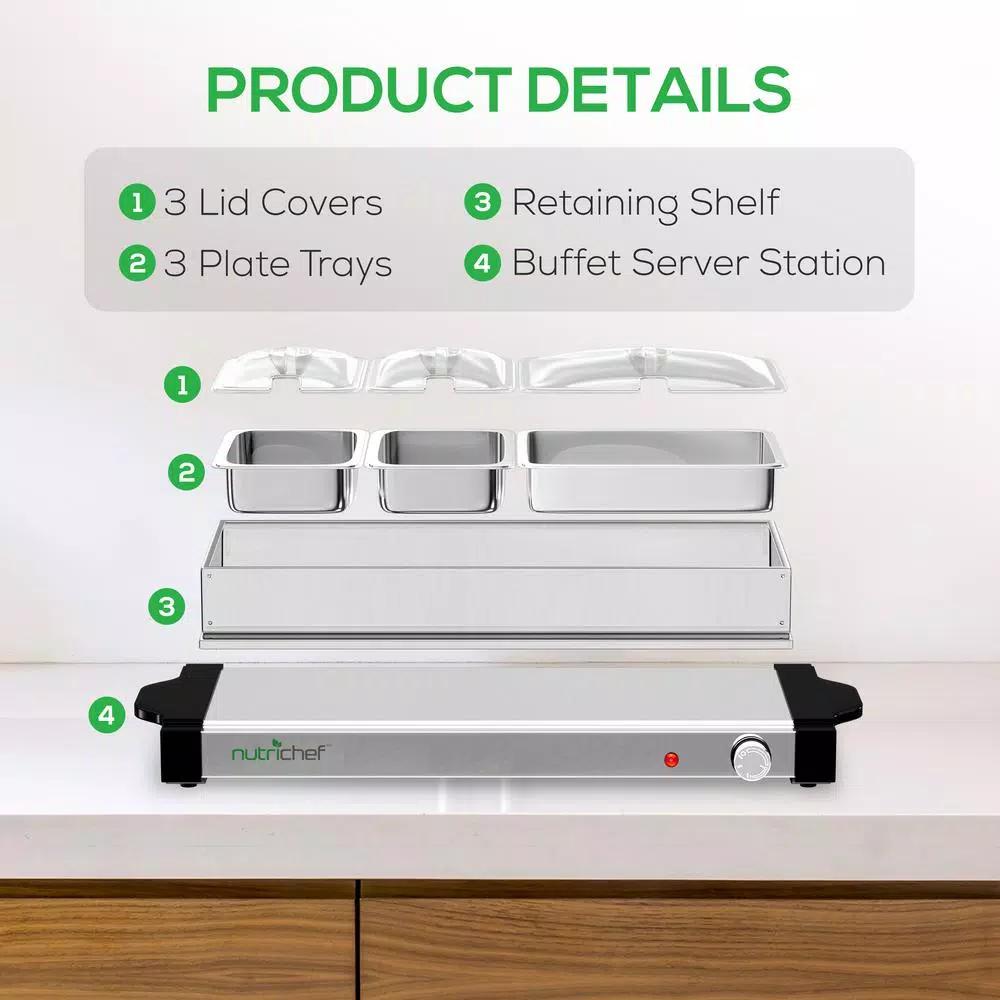 NutriChef 27.6 in. 3-Burner Stainless Steel Electric Buffet Server Food Warming Tray