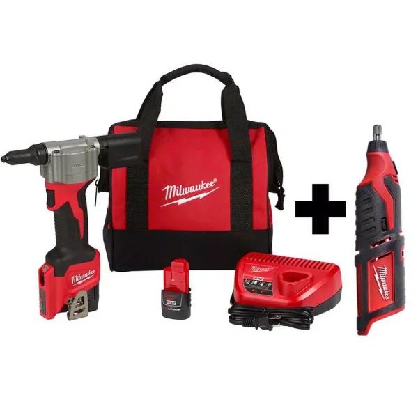 Milwaukee M12 Cordless Rivet Tool Kit with (2) 1.5 Ah Batteries, Charger, and M12 Rotary Tool