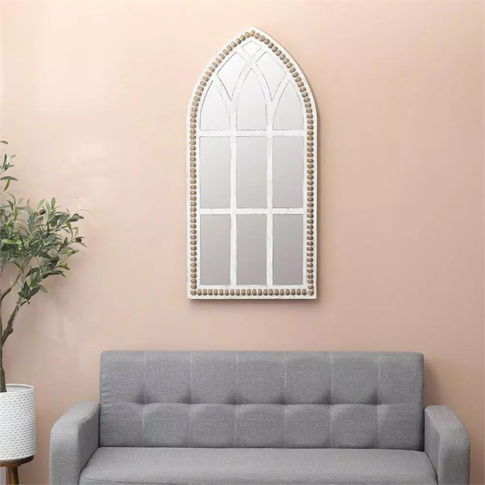 Luxen Home Modern White Arched Cathedral Wall Mirror with Distressed Wood Frame, 39.4 x 18.9 in.