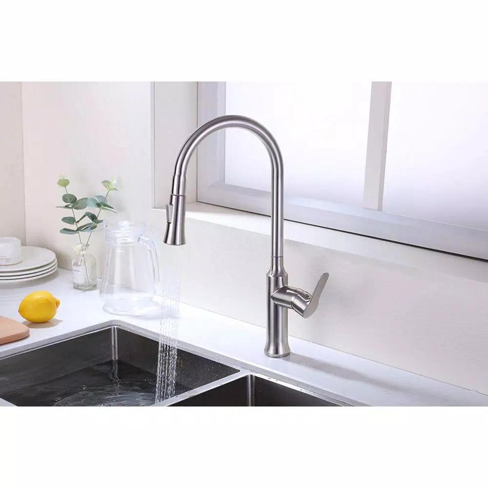Vanity Art Brushed Nickel Single-Handle Pull-Down Kitchen Faucet with Sprayer Wand