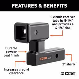 CURT 2" Receiver Raised Hitch Extension Adapter, 4-1/4" Rise, 5-1/4" Extension, 350 lbs Tongue Weight thumbnail 6