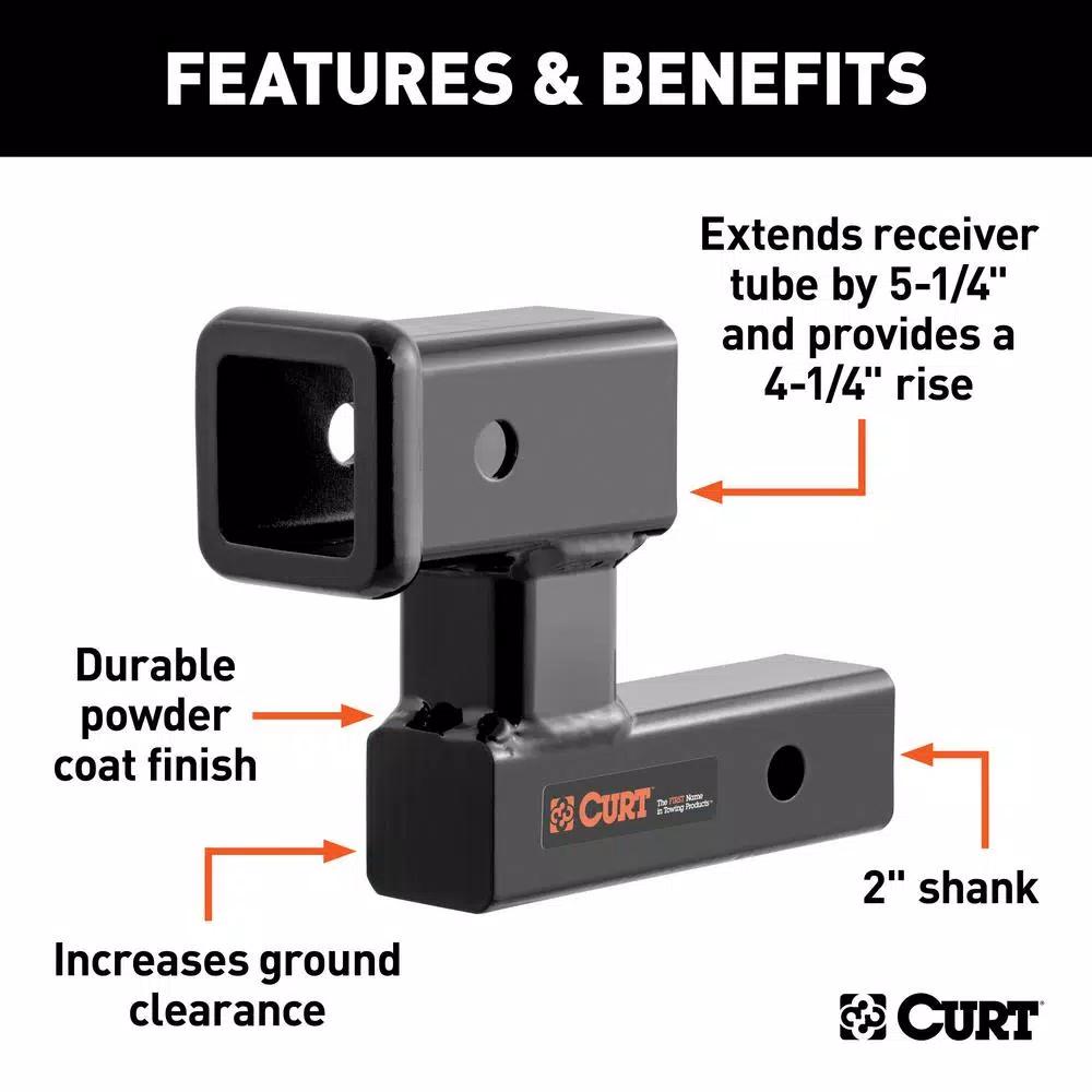 CURT 2" Receiver Raised Hitch Extension Adapter, 4-1/4" Rise, 5-1/4" Extension, 350 lbs Tongue Weight