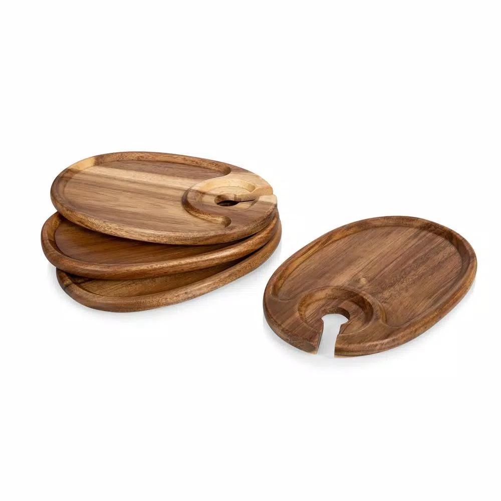 Picnic Time Acacia Wood Wine & Appetizer Plates with Glass Notch - Set of 4