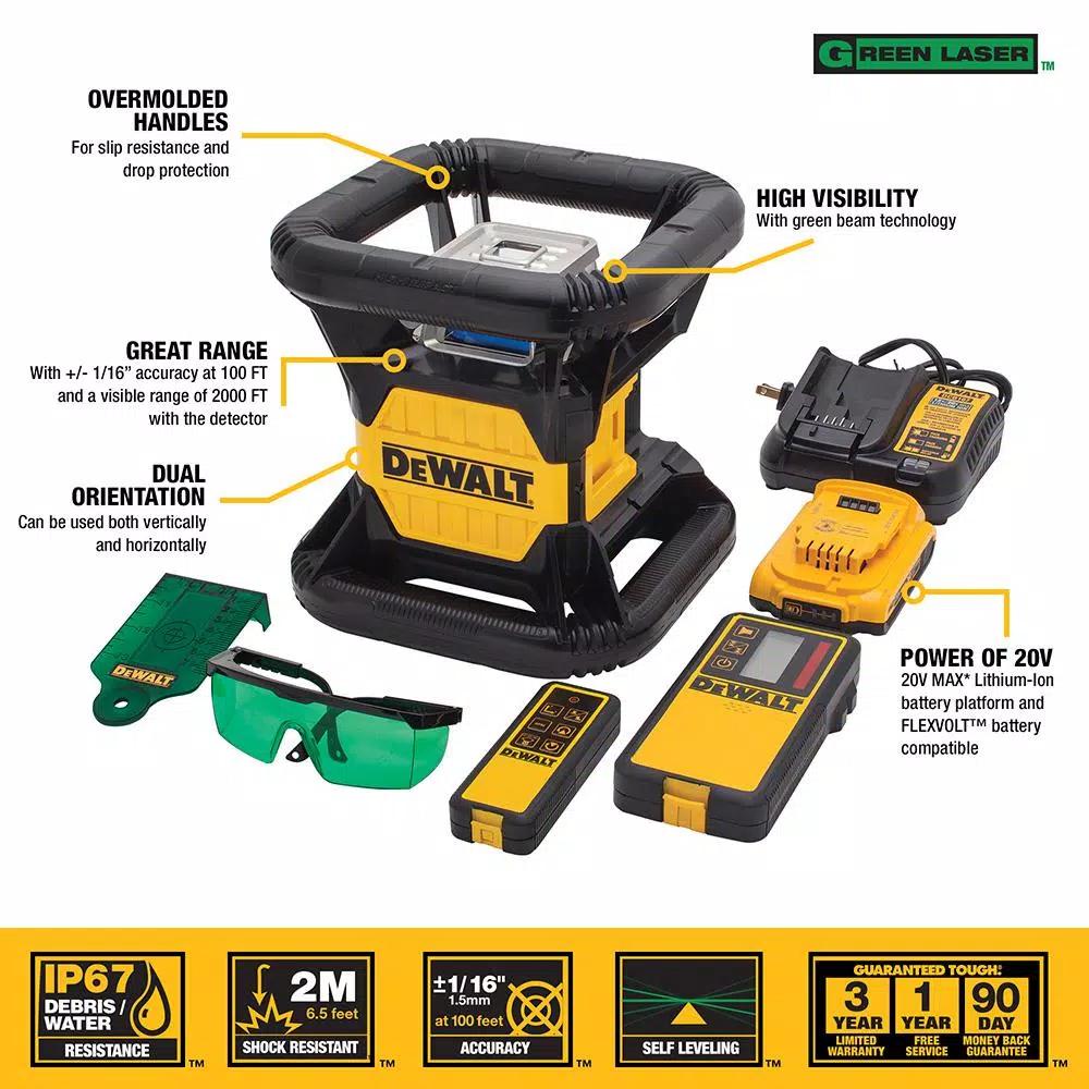 DEWALT 20V MAX Green Beam Self-Leveling Rotary Laser Level Kit with (3) 2Ah Batteries & TSTAK Case