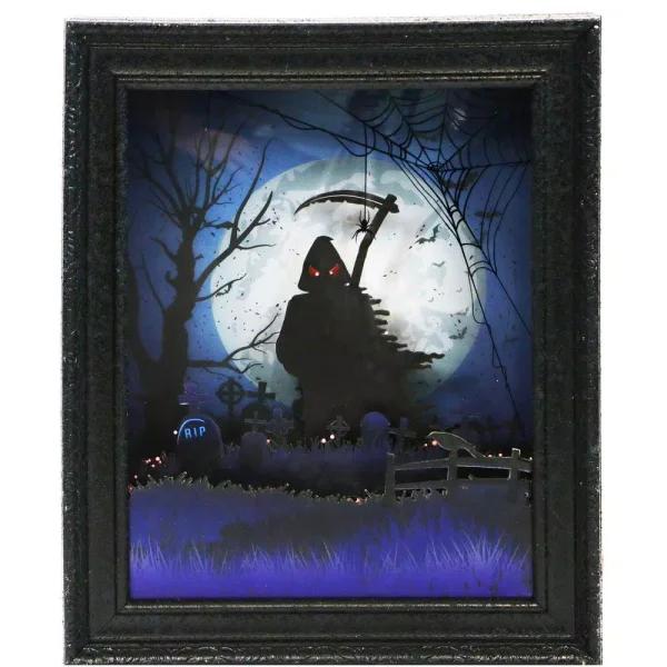 Haunted Hill Farm 18 in. Animated Grim Reaper Shadowbox with Spooky Music and LED Lights