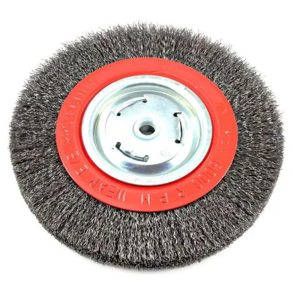 Forney 8 in. Wide Face Crimped Wire Bench Wheel Brush, 1/2 in. and 5/8 in. Arbor